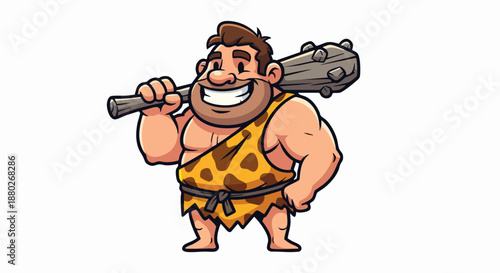Smiling cartoon caveman character holding a large club over his shoulder.