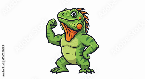 Strong Green Iguana Mascot Flexing Bicep Muscle.
