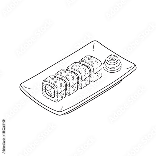 Hand drawn vector illustration of delicious sushi rolls on a rectangular plate in black and white line art style suitable for coloring book page or restaurant menu design.
