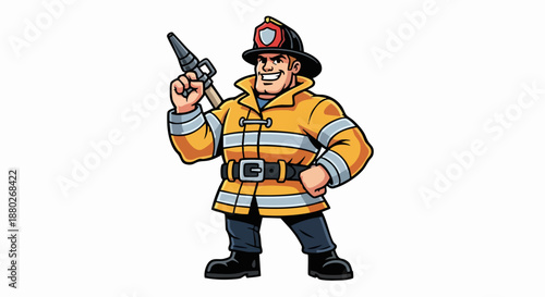Cartoon Firefighter Holding a Hose Ready to Fight Fire.