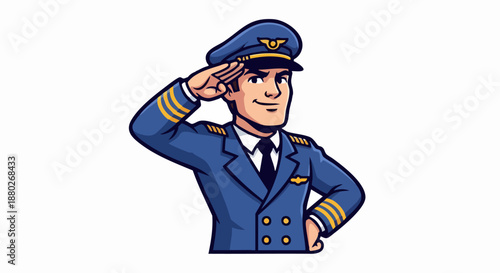 Pilot in uniform saluting with a smile.