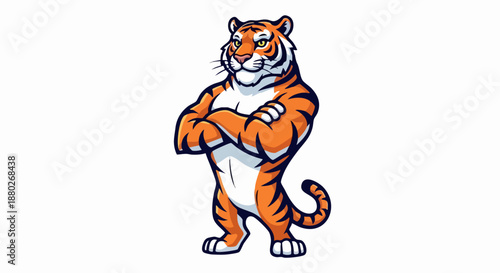 Strong tiger character standing with arms crossed, confident and powerful pose.