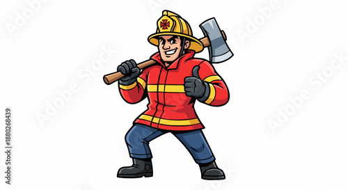 Brave cartoon firefighter character holding an axe and giving a thumbs up.