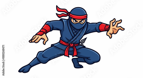 Cartoon Ninja Warrior in Action Pose with Red Accents.