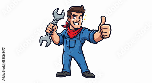 Cartoon Mechanic Giving Thumbs Up with Wrench, Cheerful Service Professional.