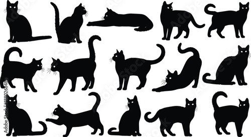 Diverse collection of black cat silhouettes in various active poses like walking stretching and playing isolated on a white background.