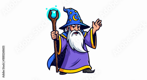 A cartoon wizard with a magical staff and a blue hat.