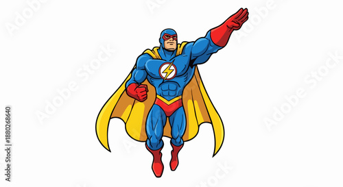 Muscular superhero in blue costume with red cape and gloves flying.