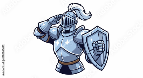 Cartoon Knight in Shining Armor Saluting with Shield, Medieval Warrior.