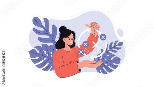 Smiling woman plans a strategy by interacting with a holographic interface showing a cycle of actions with check and cross marks.