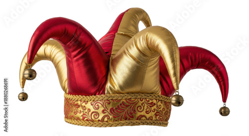 Shiny Red and Gold Jester Hat with Bells isolated PNG with Transparent Background
