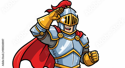 Cartoon Knight in Shining Armor Saluting with Red Cape.