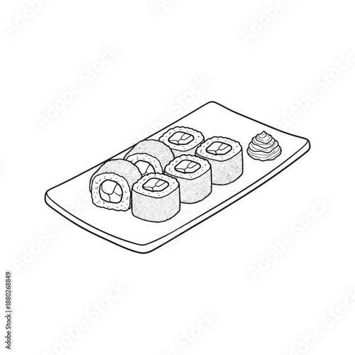 Hand drawn vector illustration of delicious sushi rolls on a rectangular plate in black and white line art style suitable for coloring book page or restaurant menu design.
