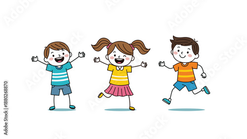 Three happy and diverse cartoon children jumping for joy with their arms raised, celebrating or playing together cheerfully.
