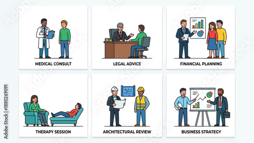 Professional Services Illustration Set: Medical, Legal, Financial, Therapy, Architecture, Business