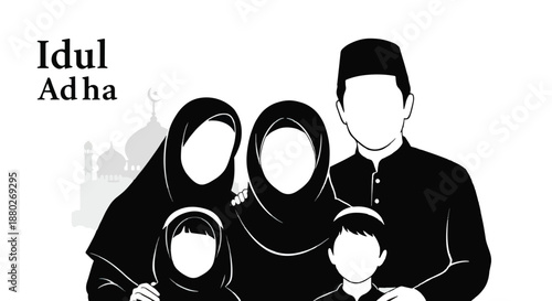 Muslim family celebrating Eid al-Adha with mosque background