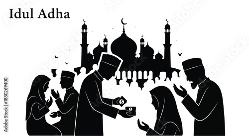 Idul Adha celebration with charity and mosque background