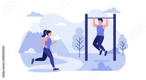 People practicing morning sports and calisthenics in city park