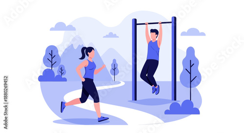 Young woman running and man doing pull-ups in public park