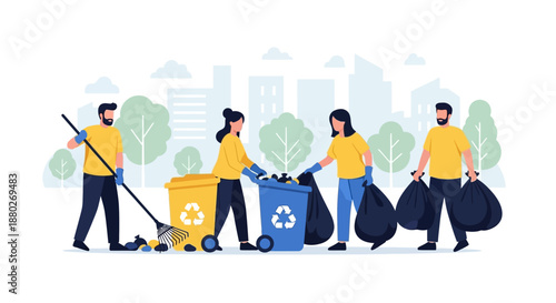 Community service concept with people collecting garbage for recycling