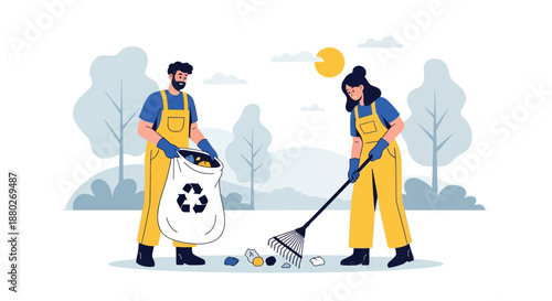 Young volunteers in yellow uniforms cleaning the environment together