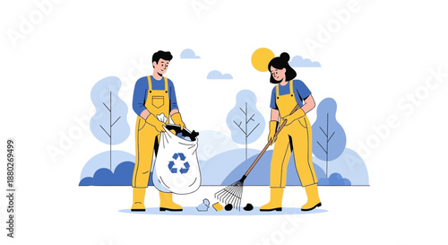 Eco friendly people picking up litter for environmental protection