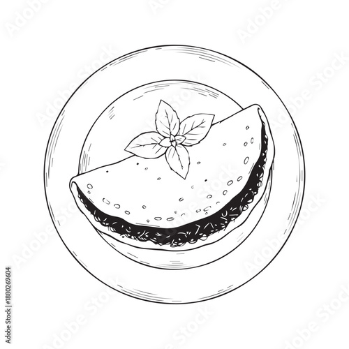 Hand drawn vector illustration of a delicious folded crepe or quesadilla with basil garnish on a plate. Black and white line art sketch suitable for restaurant menu design or coloring book.
