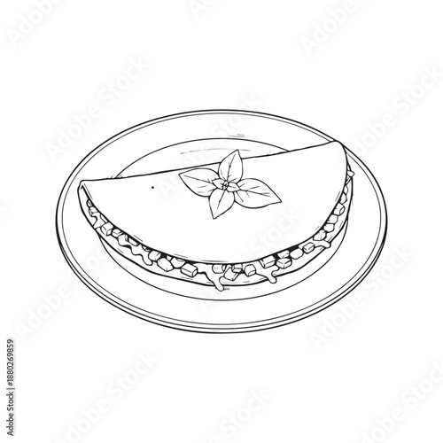 Hand drawn vector illustration of a delicious folded crepe or quesadilla with basil garnish on a plate. Black and white line art sketch suitable for restaurant menu design or coloring book.
