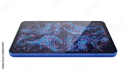 Blue Tablet Displaying Digital Circuit Board