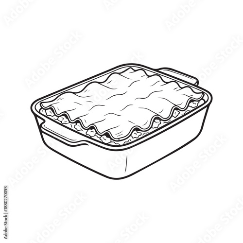 Hand drawn vector illustration of delicious Italian lasagna or casserole in a rectangular baking dish. Black and white line art sketch suitable for restaurant menu design or coloring book.

