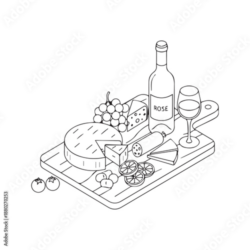Hand drawn vector illustration of a charcuterie board with rose wine bottle, glass, cheese, grapes, tomatoes and snacks on a wooden platter. Black and white line art doodle suitable for menu design.
