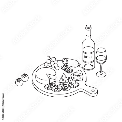 Hand drawn vector illustration of a charcuterie board with rose wine bottle, glass, cheese, grapes, tomatoes and snacks on a wooden platter. Black and white line art doodle suitable for menu design.
