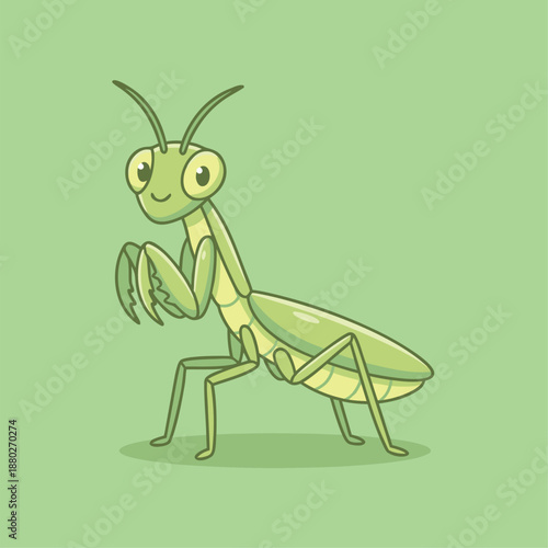 Cute cartoon praying mantis insect illustration.