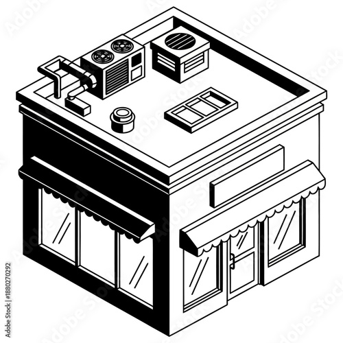 Minimal black and white isometric commercial building illustration in flat vector style, abstract retail or business property icon isolated on a clean white background.
