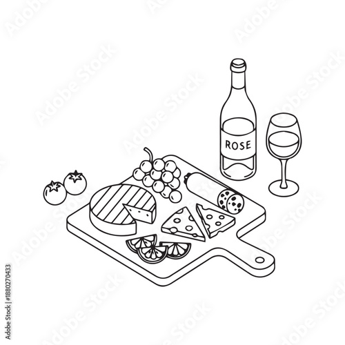 Hand drawn vector illustration of a charcuterie board with rose wine bottle, glass, cheese, grapes, tomatoes and snacks on a wooden platter. Black and white line art doodle suitable for menu design.
