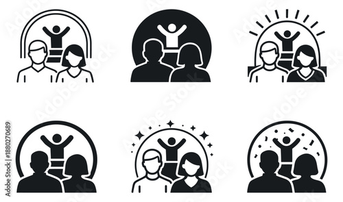 Modern icon set featuring people celebrating success and achievement for community and teamwork concepts
