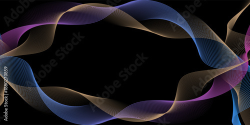 Neon flowing wavy lines on black background. Abstract sound wave design for ai concept, equalizer, audio record, voice assistant. Blue, pink orange gradient curve stripes. modern vector