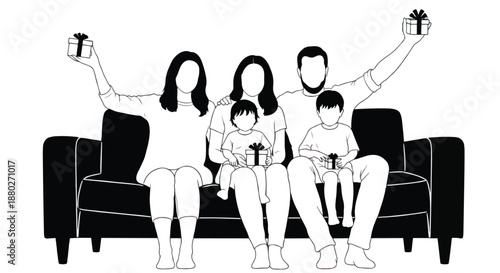 Family celebrating with gifts on a sofa