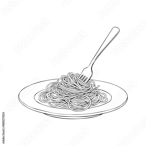 Hand drawn vector illustration of a fork twirling spaghetti pasta on a plate. Black and white line art sketch suitable for restaurant menu or food design.
