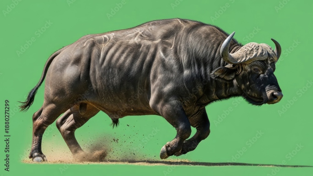Fototapeta premium Majestic cape buffalo charging with impressive musculature against a plain green background