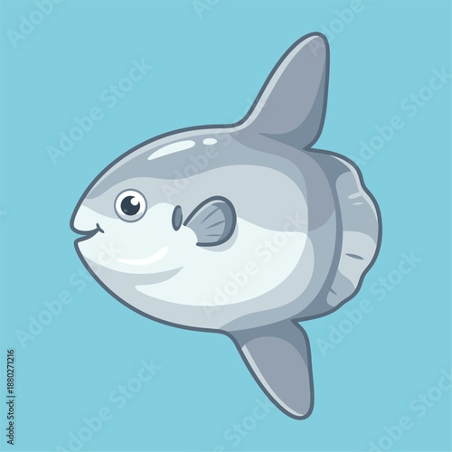 Cute cartoon sunfish swimming in blue water.