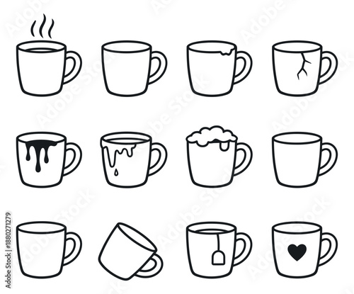Hand drawn line art mug icons set featuring steaming, chipped, broken, empty, and filled cups for beverage and kitchen designs