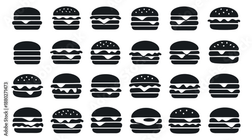 Clip art burger icon set featuring various designs for fast food branding