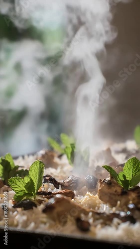 Wallpaper Mural Close up of Aromatic Steaming Hot Biryani with Fresh Mint Leaves, Ready to Savor. Torontodigital.ca