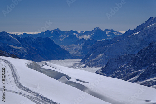 High-angle view of Aletsch Glacier from Jungfraujoch, majestic snowcapped peaks and glacial crevasses