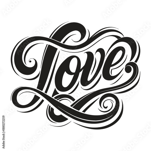 Adobe IllustrElegant script lettering composition: love typography with heart shape ornamentator Artwork
