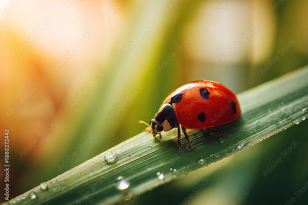 Obraz premium Ladybug on a Dew-Kissed Green Leaf in Morning Sunlight