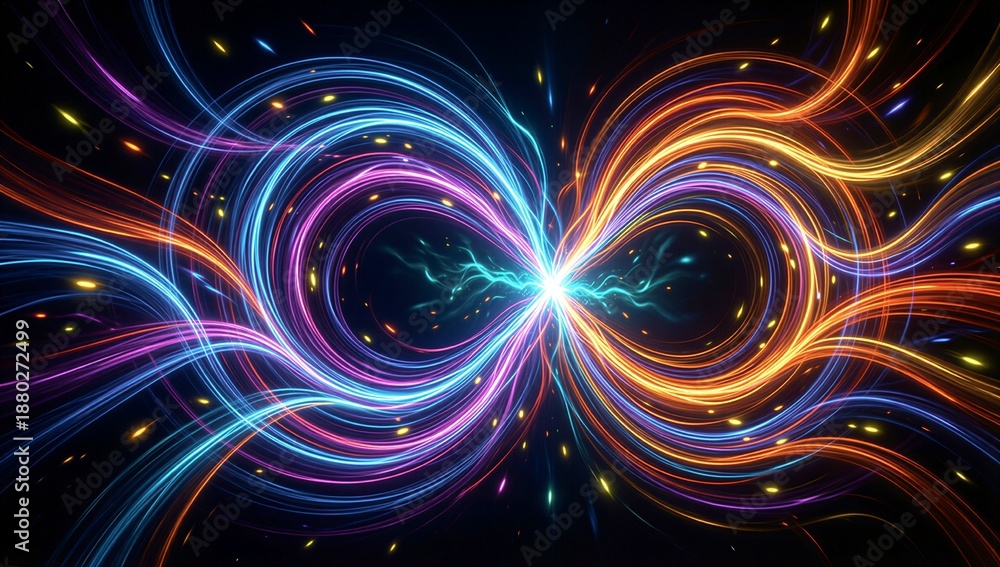 Fototapeta premium Vibrant neon light trails swirl in cosmic dance, forming glowing infinity symbol against dark void.