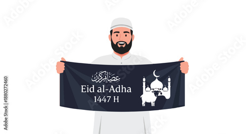 Eid al-Adha celebration with Muslim man holding banner