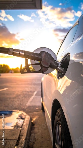 Car filling up with fuel at a gas station, sunset sky